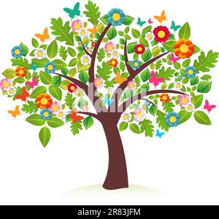 Abstract spring time tree composition with flowers. Vector file layered for easy manipulation and custom coloring. Stock Vector