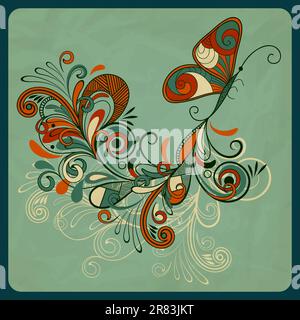 vector concept butterfly and abstract branch on crumpled paper texture,  eps 10, mesh Stock Vector