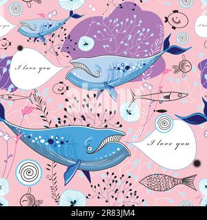 seamless graphic pattern of singing whales on a pink background with plants and fish Stock Vector