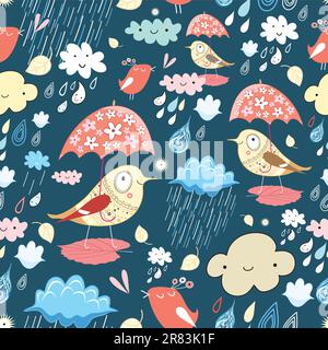 seamless graphic pattern of birds in the autumn and the rain on a dark background Stock Vector