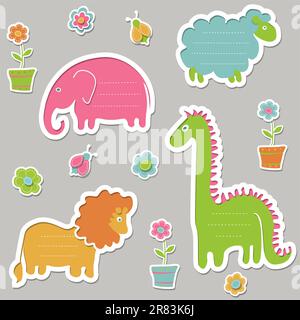Collection of cute text frames in the shape of animals: elephant, lion, sheep, dinosaur. Vector design elements. Stock Vector