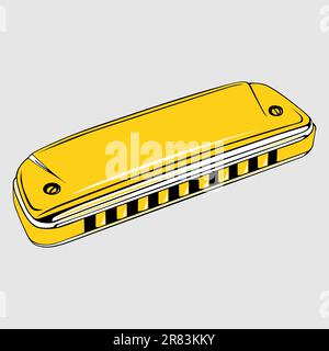 Yellow harmonica on light grey backgound Stock Vector