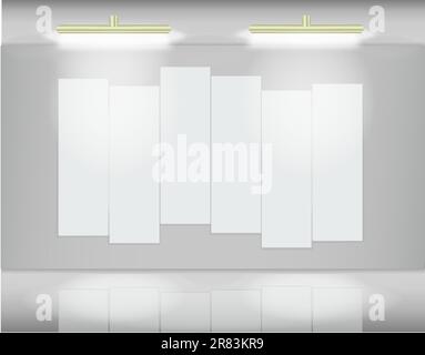 Six highlited white canvases in virtual art gallery Stock Vector