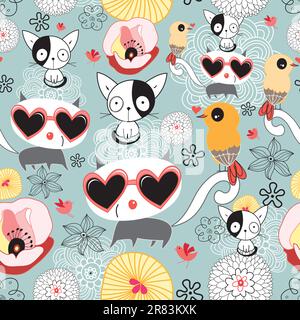 Graphics Seamless floral pattern with kittens and birds on a light background Stock Vector