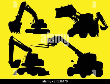 Construction machinery silhouettes isolated on yellow background Stock Vector