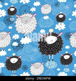 seamless pattern of sheep on a blue background with clouds Stock Vector
