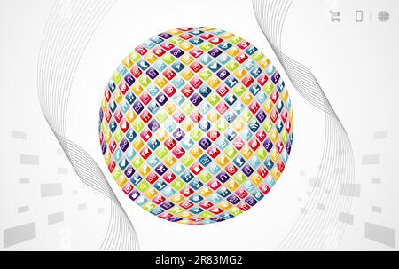 Smartphone application icons in world shape on grey background. Vector file layered for easy manipulation and customisation. Stock Vector