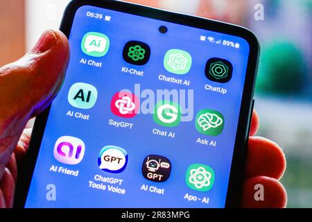 The logos of various ChatGPT artificial intelligence (AI) apps on german a smartphone screen Stock Photo