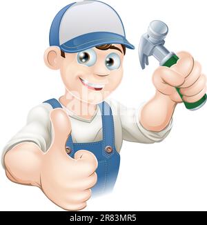 Illustration of a happy handyman, builder, construction worker or carpenter in work clothes holding a hammer and giving thumbs up Stock Vector
