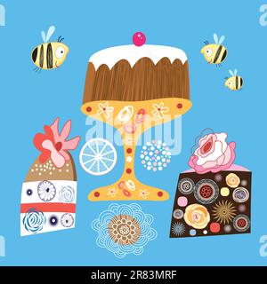 postcard with colorful decorative cakes on a blue background with bees Stock Vector