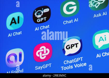 The logos of various ChatGPT artificial intelligence (AI) apps on german a smartphone screen Stock Photo