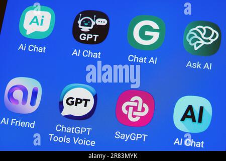 The logos of various ChatGPT artificial intelligence (AI) apps on german a smartphone screen Stock Photo