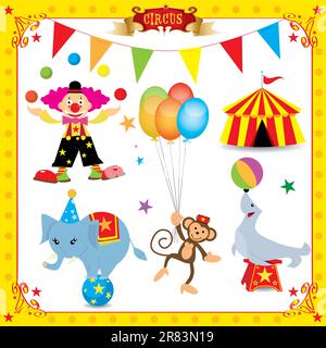 A fun circus set. Each element is on a different layer.  Very easy to choose, for exemple the clown or the big top.... Stock Vector