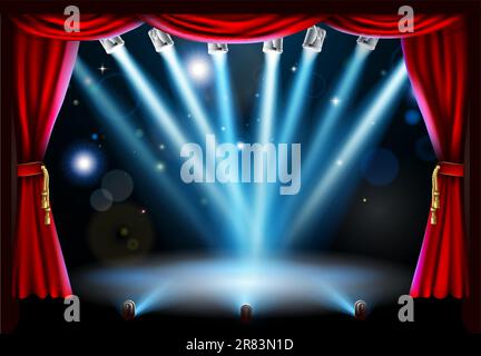 Stage background illustration with blue stage spot lights pointing to the centre of the stage and red curtain frame Stock Vector