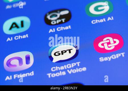 The logos of various ChatGPT artificial intelligence (AI) apps on german a smartphone screen Stock Photo