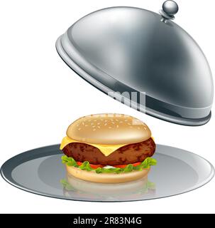 Illustration of a cheese burger on silver platter. Could be a concept for inflated worth or luxury burgers. Stock Vector