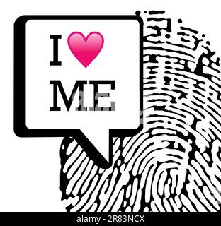 I love me written in dialog bubble with fingerprint on white background. Vector fille layered for easy manipulation and custom coloring. Stock Vector