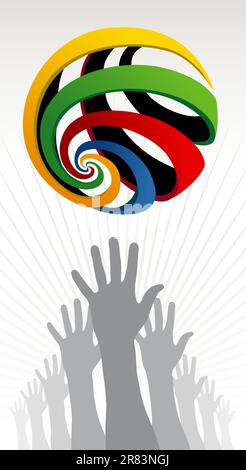 Hands silhouettes trying to reach a colorfull Olympic globe over white background. Vector file layered for easy manipulation and customisation. Stock Vector