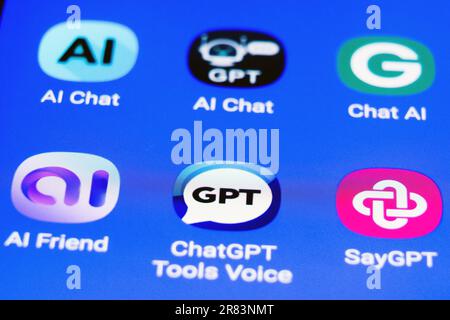 The logos of various ChatGPT artificial intelligence (AI) apps on german a smartphone screen Stock Photo