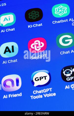 The logos of various ChatGPT artificial intelligence (AI) apps on german a smartphone screen Stock Photo