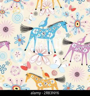 Seamless bright floral pattern with horses and birds Stock Vector