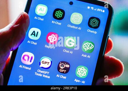 The logos of various ChatGPT artificial intelligence (AI) apps on german a smartphone screen Stock Photo