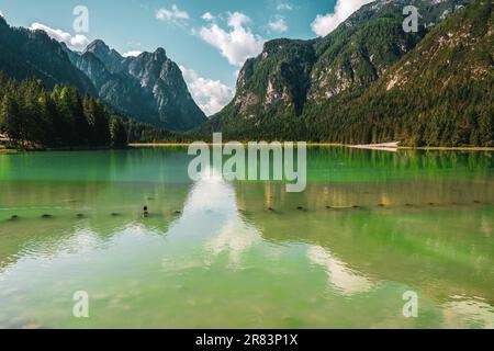 Panoramic view of Lake Dobbiaco (Toblacher See) in the Dolomites, Italy Stock Photo
