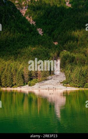 Panoramic view of Lake Dobbiaco (Toblacher See) in the Dolomites, Italy Stock Photo
