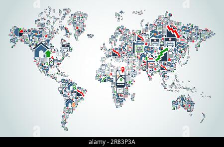 Real estate icon set in Earth Globe map shape background illustration. Vector file layered for easy manipulation and custom coloring. Stock Vector