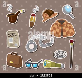 Cartoon detective equipment stickers Stock Vector
