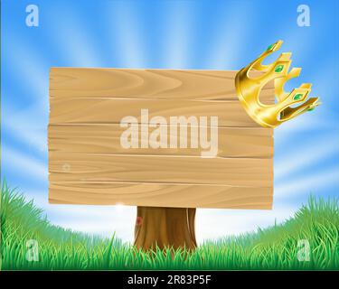 Wooden sign in green field with a retro golden crown hanging on one corner Stock Vector