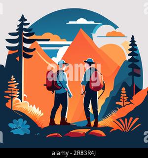 Two tourists with backpacks standing in mountain landscape with forest, under blue sky with clouds and flying birds Stock Vector