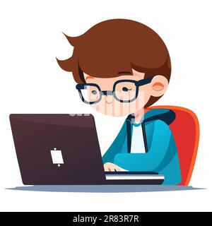 Cute little boy character using laptop while sitting on the floor vector Illustration on a white background Stock Vector