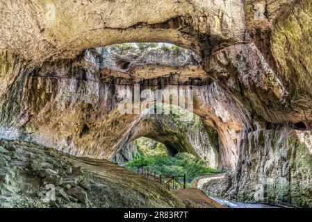 Scenic view of the alien landscape from inside of Devetashka cave in Bulgaria Stock Photo