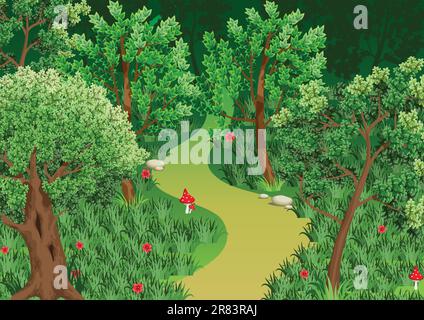 Wood glade in the forest with mushrooms and flowers Stock Vector