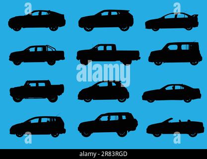 Various city cars silhouettes isolated on blue background. Stock Vector