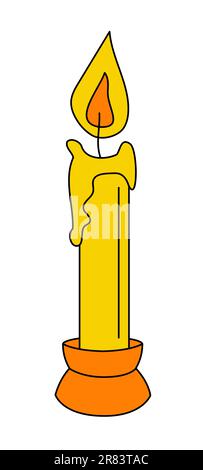 Candle, stump standing, wax melting, yellow flame dancing on the wick. Simple flat design element in retro style Stock Vector