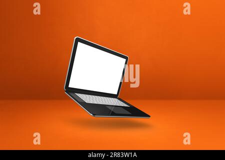 Blank computer laptop floating over an orange background. 3D isolated illustration. Horizontal template Stock Photo