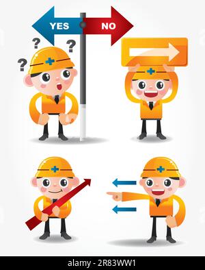 funny cartoon worker icon set with arrow board Stock Vector