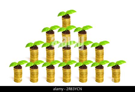 A group of coin stacks arranged in the shape of a pyramid, each adorned with young, thriving seedlings, isolated on white background. Stock Photo