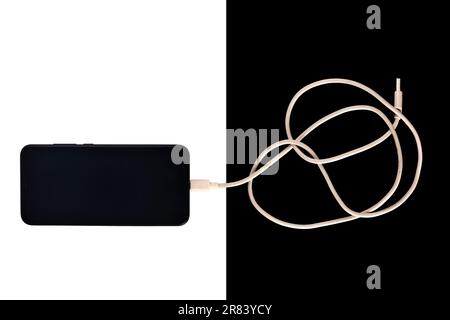 usb cables micro, white isolated, the smartphone is black Stock Photo