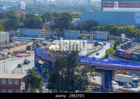 Construction of the 'Sydney Gateway' project at Sydney Airport in Sydney, Australia. Pictured: construction of the Sydney Gateway project on Qantas Dr Stock Photo