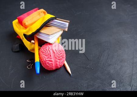 Close-up view of a soft and pliable human brain model, tiny books, pen and pencils set inside a vibrant toy backpack isolated on black with copy space Stock Photo
