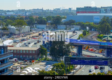 Construction of the 'Sydney Gateway' project at Sydney Airport in Sydney, Australia. Pictured: construction of the Sydney Gateway project on Qantas Dr Stock Photo