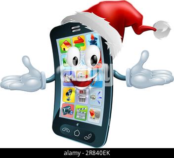 Illustration of a happy Christmas cell phone wearing a Santa Claus hat Stock Vector