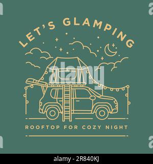 glamping camp rooftop car tent vintage monoline vector illustration concept for travel,tourism,logo,vacation Stock Vector