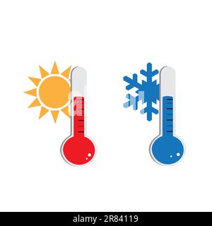 Thermometers showing hot and cold temperatures with a sun and a snowflake on a white background with copy space Stock Vector