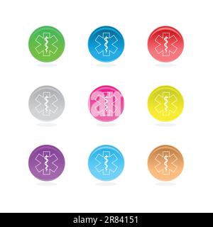 Medical star symbols in color circles isolated on white. Stock Vector