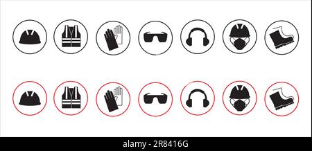 Signs of construction worker safety equipment on a white background with copy space Stock Vector