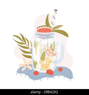 Jar of fresh summer ice lemonade. Vector illustration Stock Vector